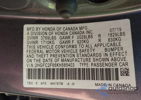 2019 Honda Civic Lx из США, поврежденный, VIN 2HGFC2F66KH585403